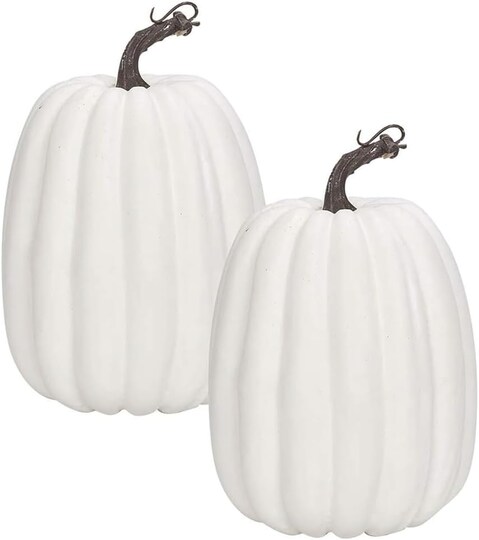 Greentek; 2 Pcs Large White Artificial Pumpkins, Faux Foam Harvest Pumpkins with Realistic Stems, DIY Fall Pumpkin Decor for Thanksgiving Halloween Table Centerpiece, Home Holiday Seasonal Decoration; Category:Decor Pumpkins; Image:1